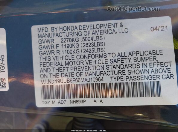 19UUB6F66MA010964 2021 ACURA TLX Black Widok komory silnika