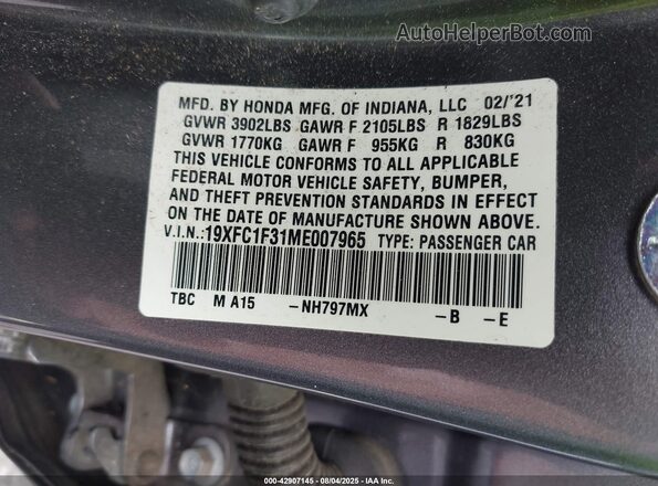 19XFC1F31ME007965 2021 HONDA CIVIC Gray Vista del compartimento del motor
