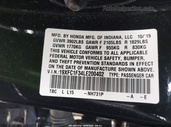 19XFC1F34LE200402 2020 HONDA CIVIC Черный Вид подкапотного пространства