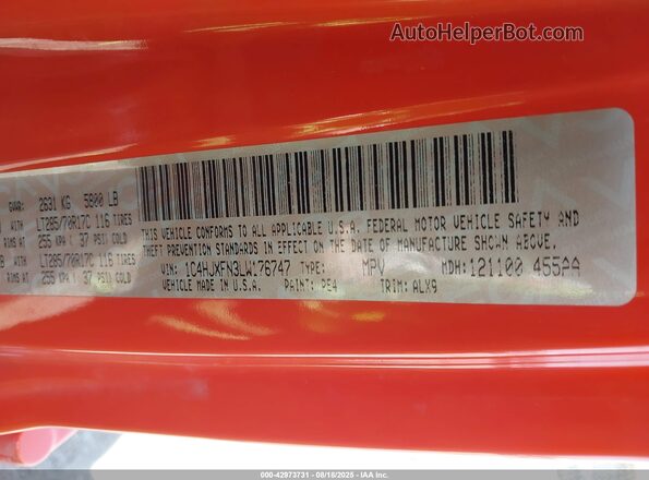 1C4HJXFN3LW176747 2020 JEEP WRANGLER UNLIMITED Orange Vista del compartimento del motor