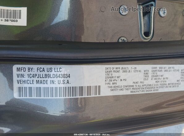 1C4PJLLB9LD643034 2020 JEEP CHEROKEE Gray Շարժիչի բաժամունքի տեսք