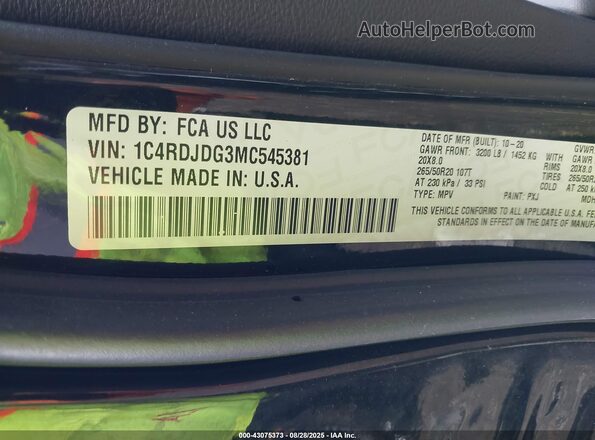 1C4RDJDG3MC545381 2021 DODGE DURANGO Черный Вид подкапотного пространства