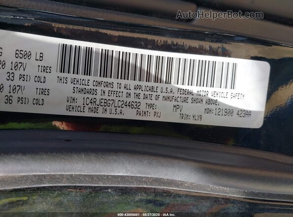 1C4RJEBG7LC244632 2020 JEEP GRAND CHEROKEE Black Вид підкапотного простору
