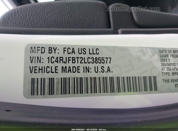 1C4RJFBT2LC385577 2020 JEEP GRAND CHEROKEE White Vista del compartimento del motor