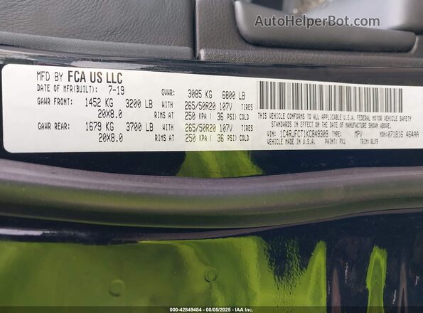 1C4RJFCT1KC849309 2019 JEEP GRAND CHEROKEE Black ძრავის განყოფილების ხედი