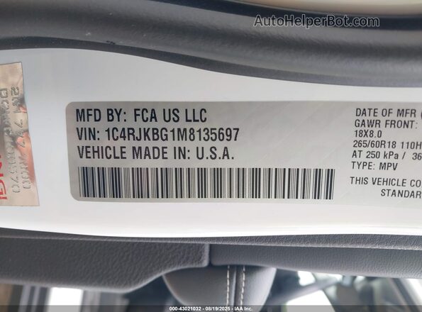 1C4RJKBG1M8135697 2021 JEEP GRAND CHEROKEE L White Вид підкапотного простору
