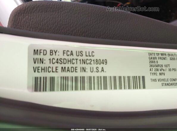 1C4SDHCT1NC218049 2022 DODGE DURANGO White Widok komory silnika