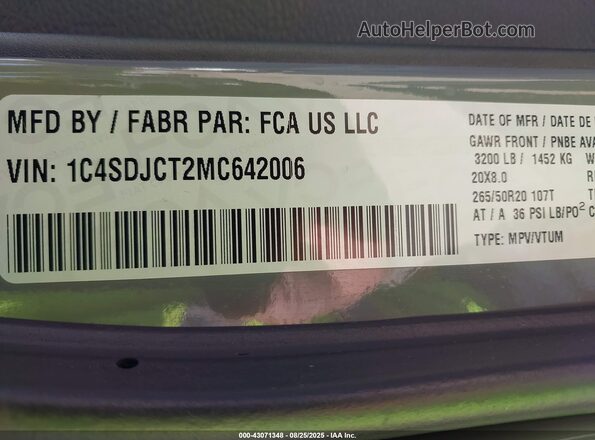 1C4SDJCT2MC642006 2021 DODGE DURANGO Pewter Շարժիչի բաժամունքի տեսք