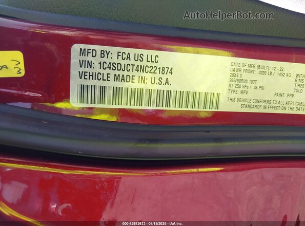 1C4SDJCT4NC221874 2022 DODGE DURANGO Red Вид підкапотного простору