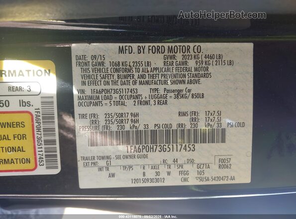 1FA6P0H73G5117453 2016 FORD FUSION Black 