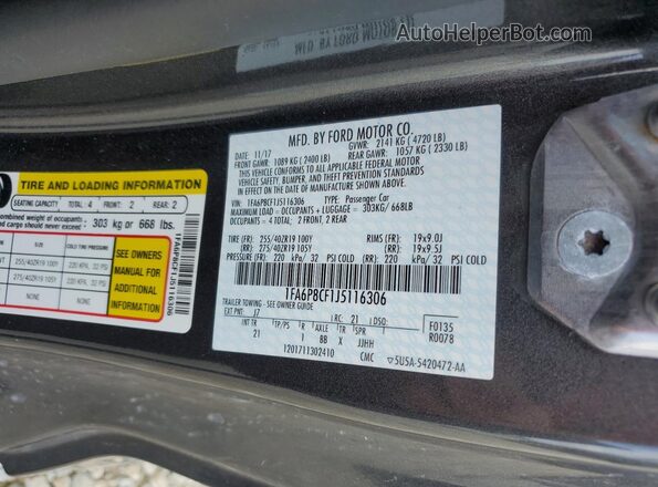 1FA6P8CF1J5116306 2018 FORD MUSTANG Серый 