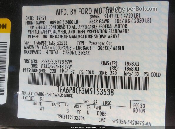 1FA6P8CF3M5153538 2021 FORD MUSTANG Black ძრავის განყოფილების ხედი