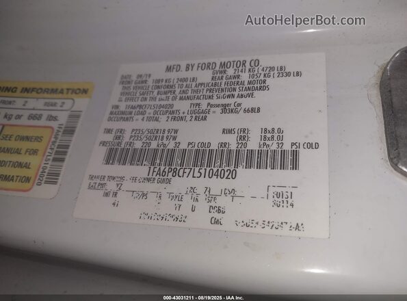 1FA6P8CF7L5104020 2020 FORD MUSTANG White Vista del compartimento del motor