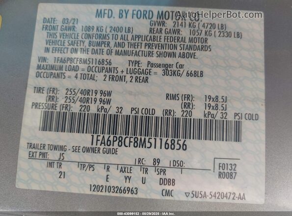 1FA6P8CF8M5116856 2021 FORD MUSTANG Silver Engine compartment view