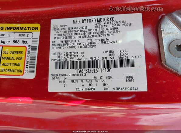 1FA6P8CF9L5114130 2020 FORD MUSTANG Red Vista del compartimento del motor