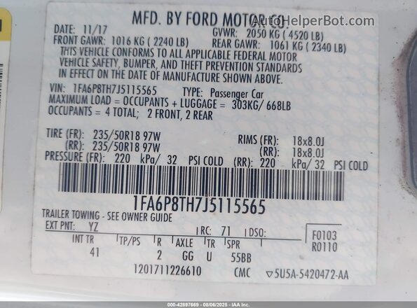 1FA6P8TH7J5115565 2018 FORD MUSTANG White 