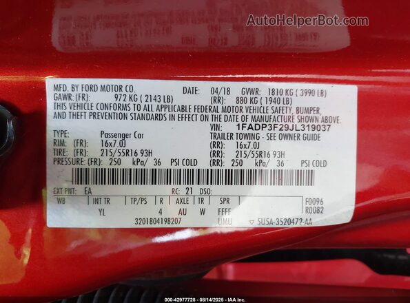 1FADP3F29JL319037 2018 FORD FOCUS Red 