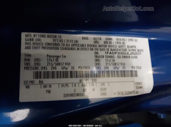1FADP3H22JL282037 2018 FORD FOCUS Blue 