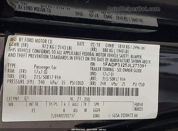 1FADP3J25JL273391 2018 FORD FOCUS Black 