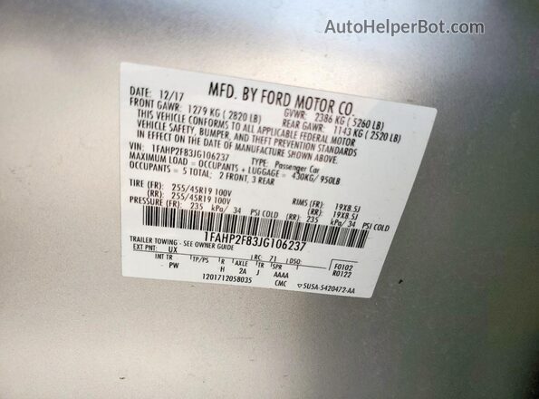 1FAHP2F83JG106237 2018 FORD TAURUS Серебряный 