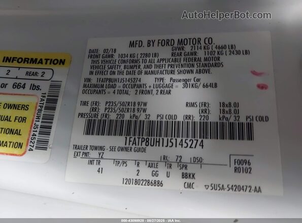 1FATP8UH1J5145274 2018 FORD MUSTANG Белый 