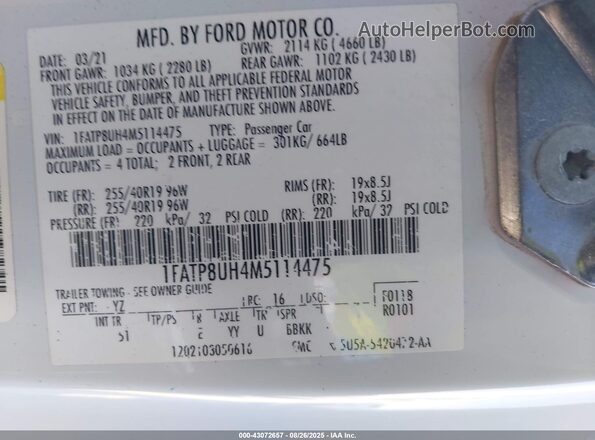 1FATP8UH4M5114475 2021 FORD MUSTANG White Вид підкапотного простору