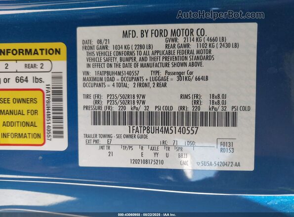 1FATP8UH4M5140557 2021 FORD MUSTANG Синий 