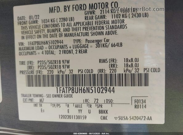 1FATP8UH6N5102944 2022 FORD MUSTANG Серый 