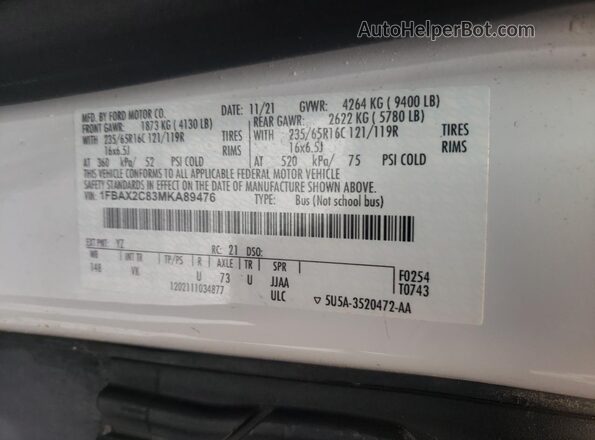 1FBAX2C83MKA89476 2021 FORD TRANSIT White Widok naklejki z numerem VIN