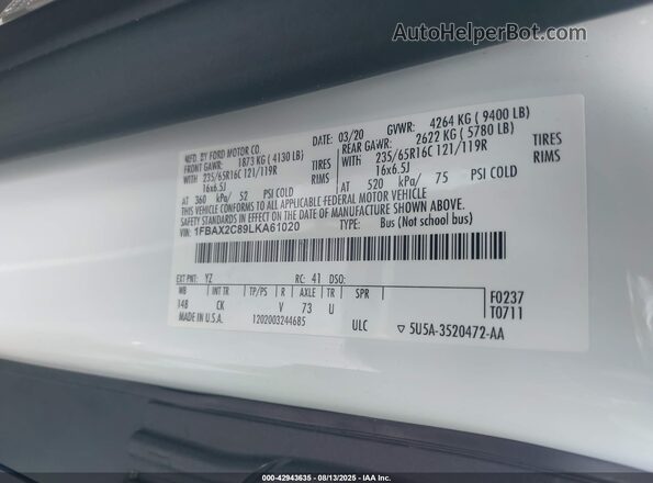 1FBAX2C89LKA61020 2020 FORD PASSENGER White Vista del compartimento del motor