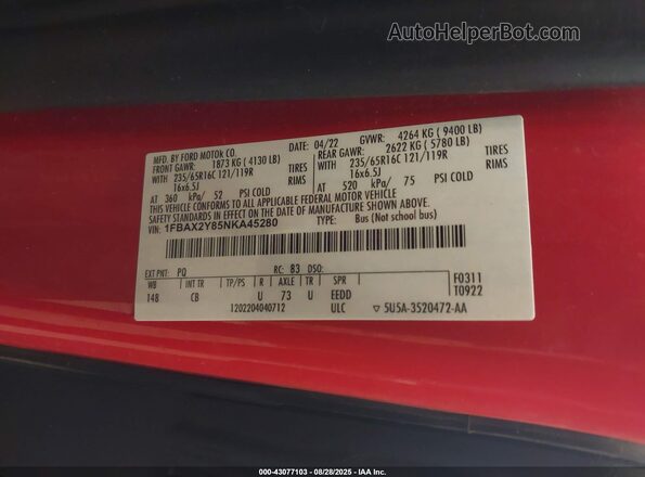 1FBAX2Y85NKA45280 2022 FORD PASSENGER Red ძრავის განყოფილების ხედი