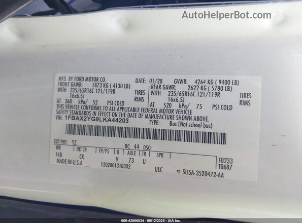 1FBAX2YG9LKA44203 2020 FORD PASSENGER White Widok komory silnika