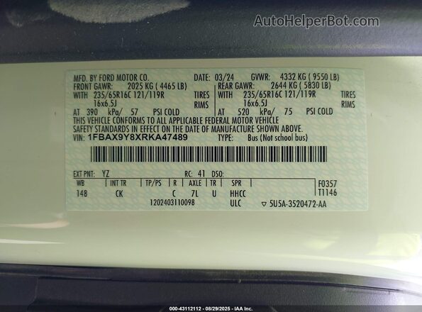 1FBAX9Y8XRKA47489 2024 FORD PASSENGER White Widok komory silnika