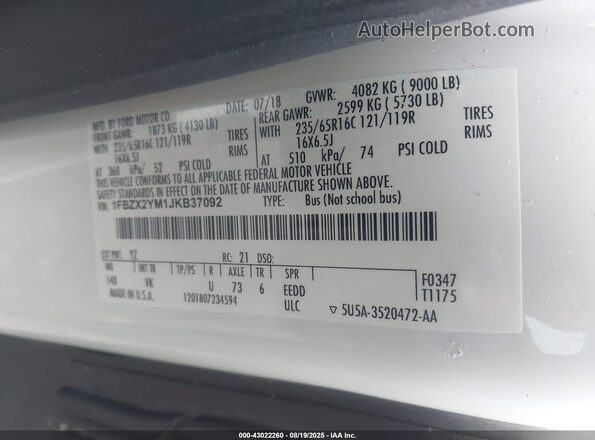 1FBZX2YM1JKB37092 2018 FORD TRANSIT-350 White 