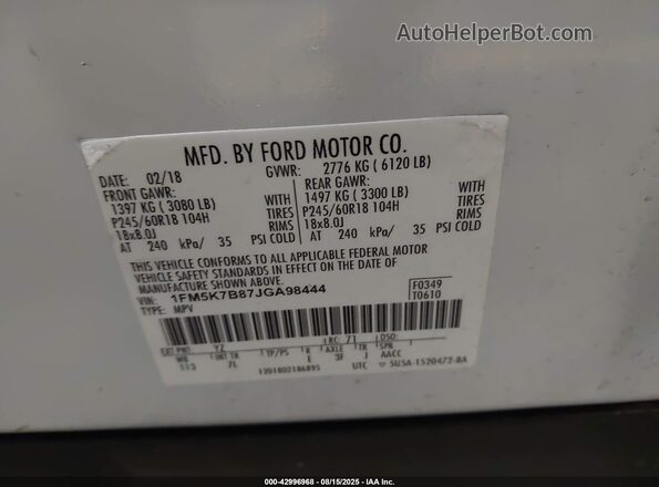 1FM5K7B87JGA98444 2018 FORD FORD EXPLORER White 