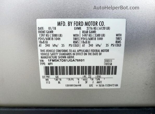 1FM5K7D81JGA76601 2018 FORD FORD EXPLORER Silver 