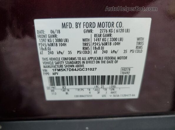 1FM5K7D84JGC31027 2018 FORD FORD EXPLORER Burgundy 