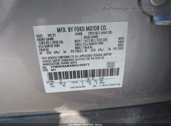 1FM5K8ABXMGC00973 2021 FORD POLICE INTERCEPTOR Серебряный Вид подкапотного пространства