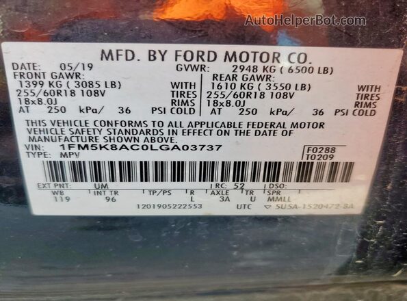 1FM5K8AC0LGA03737 2020 FORD FORD EXPLORER Black Vista de la etiqueta del VIN