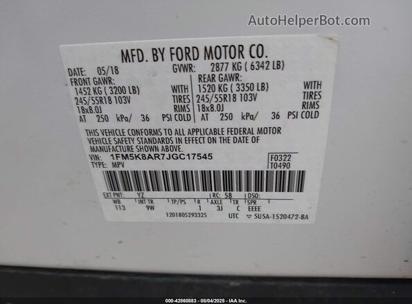 1FM5K8AR7JGC17545 2018 FORD POLICE INTERCEPTOR White Vista del compartimento del motor