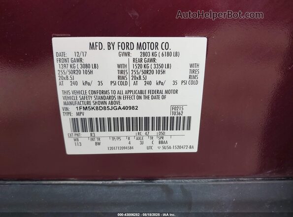 1FM5K8D85JGA40982 2018 FORD FORD EXPLORER Burgundy 