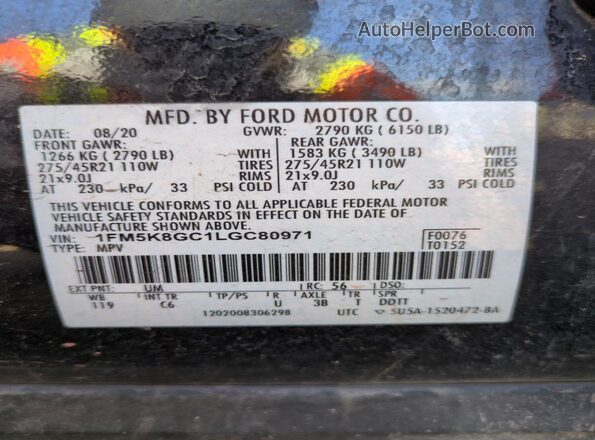 1FM5K8GC1LGC80971 2020 FORD FORD EXPLORER Black VIN կոդի պիտակի տեսք