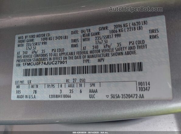 1FMCU0F74JUC27901 2018 FORD ESCAPE Серебряный 