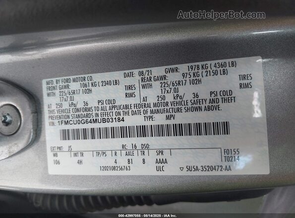 1FMCU0G64MUB03184 2021 FORD ESCAPE Silver Engine compartment view