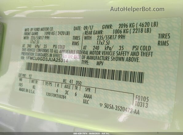 1FMCU0GD3JUA25314 2018 FORD ESCAPE White 