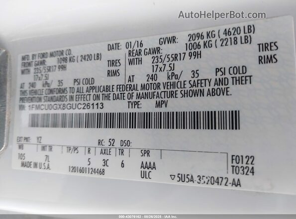 1FMCU0GX8GUC26113 2016 FORD ESCAPE White 