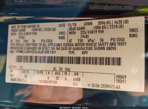 1FMCU0HD3JUC55191 2018 FORD ESCAPE Черный 