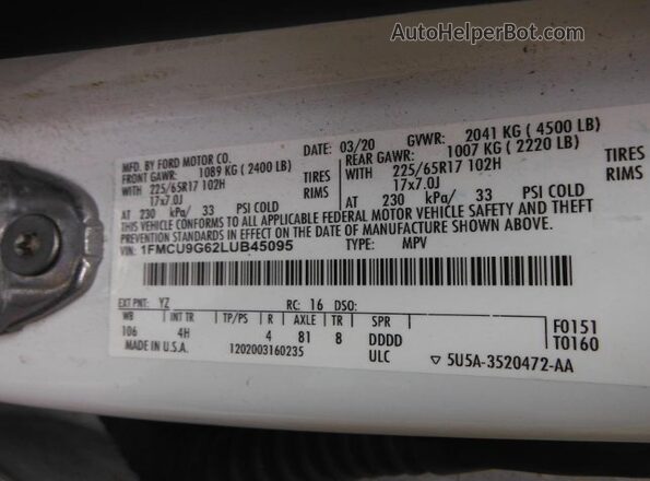 1FMCU9G62LUB45095 2020 FORD ESCAPE  360 interior view