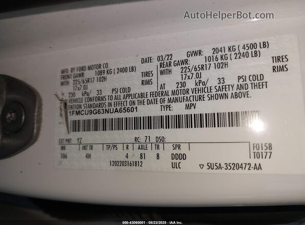 1FMCU9G63NUA65601 2022 FORD ESCAPE Белый Вид подкапотного пространства