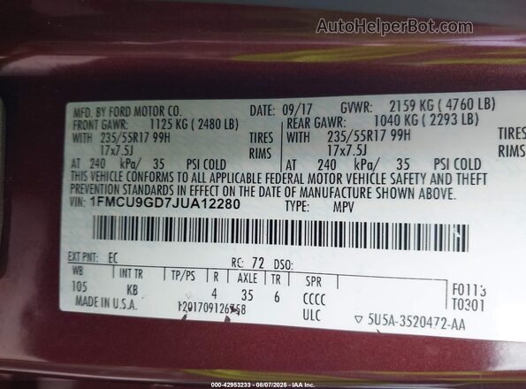 1FMCU9GD7JUA12280 2018 FORD ESCAPE Maroon 